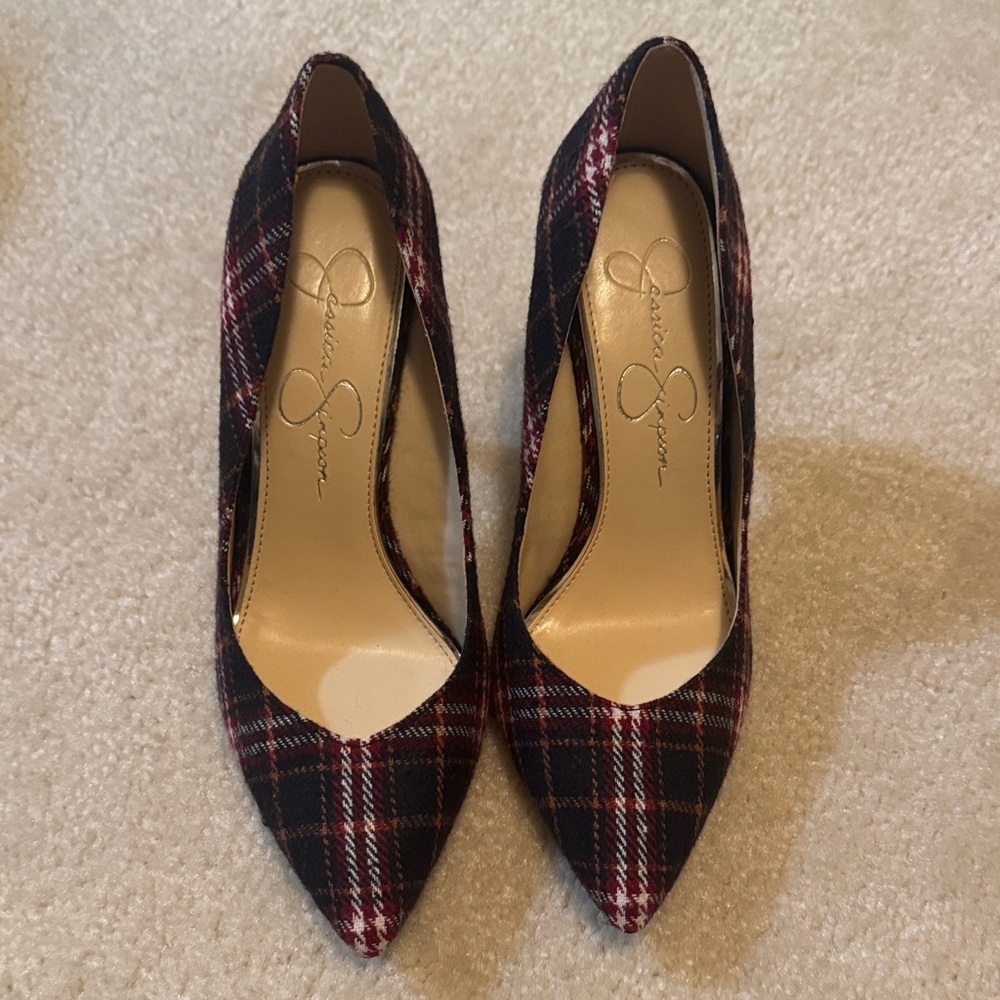 Jessica Simpson Plaid Pointed Pumps in Navy and Burgundy